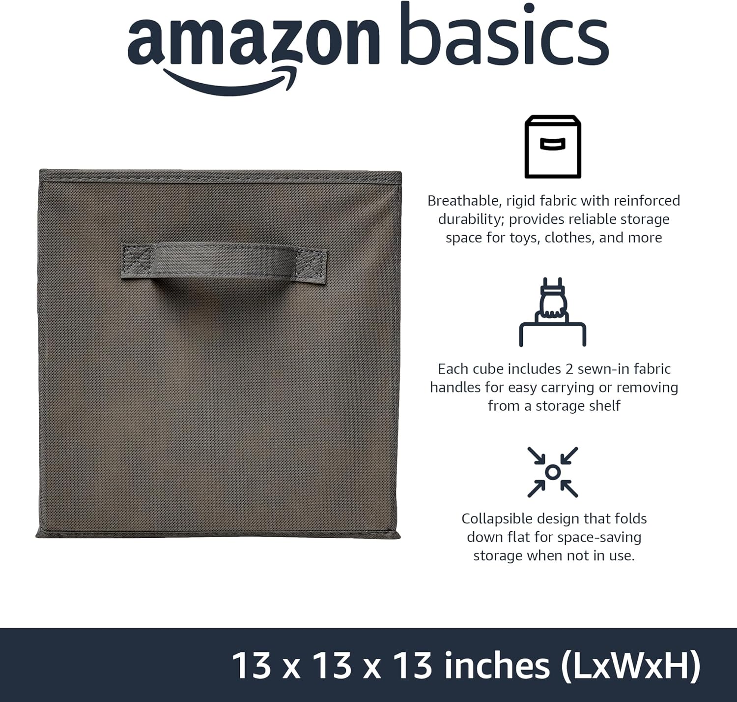 Amazon Basics Collapsible Fabric Storage Cube Bins Organizer with Handles, Sturdy, Gray, 13-x-13-x-13-inch, Pack of 6