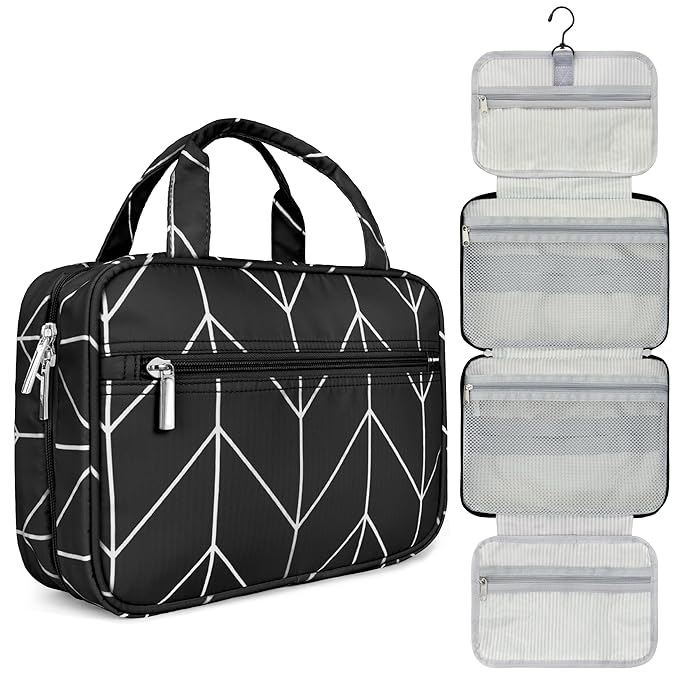 PAVILIA Hanging Toiletry Bag Travel Bag Women Men, Foldable Cosmetic Organizer, Roll up Makeup Bag, Water Resistant Accessories Toiletries, Large Travel Essentials Kit (Black Chevron)