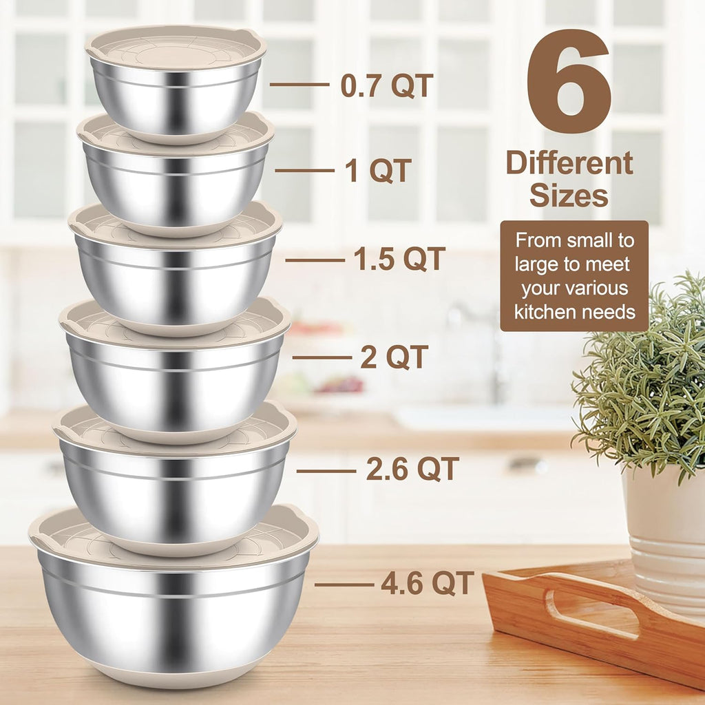 TeamFar Khaki Mixing Bowls, 6-Piece Stainless Steel Nesting Salad Bowls with Lid Set for Prepping Baking, Non-Toxic & Stackable, Air-Tight Lid & Non Slip Bottom, 4.6/2.6/2/1.5/1 / 0.7 QT