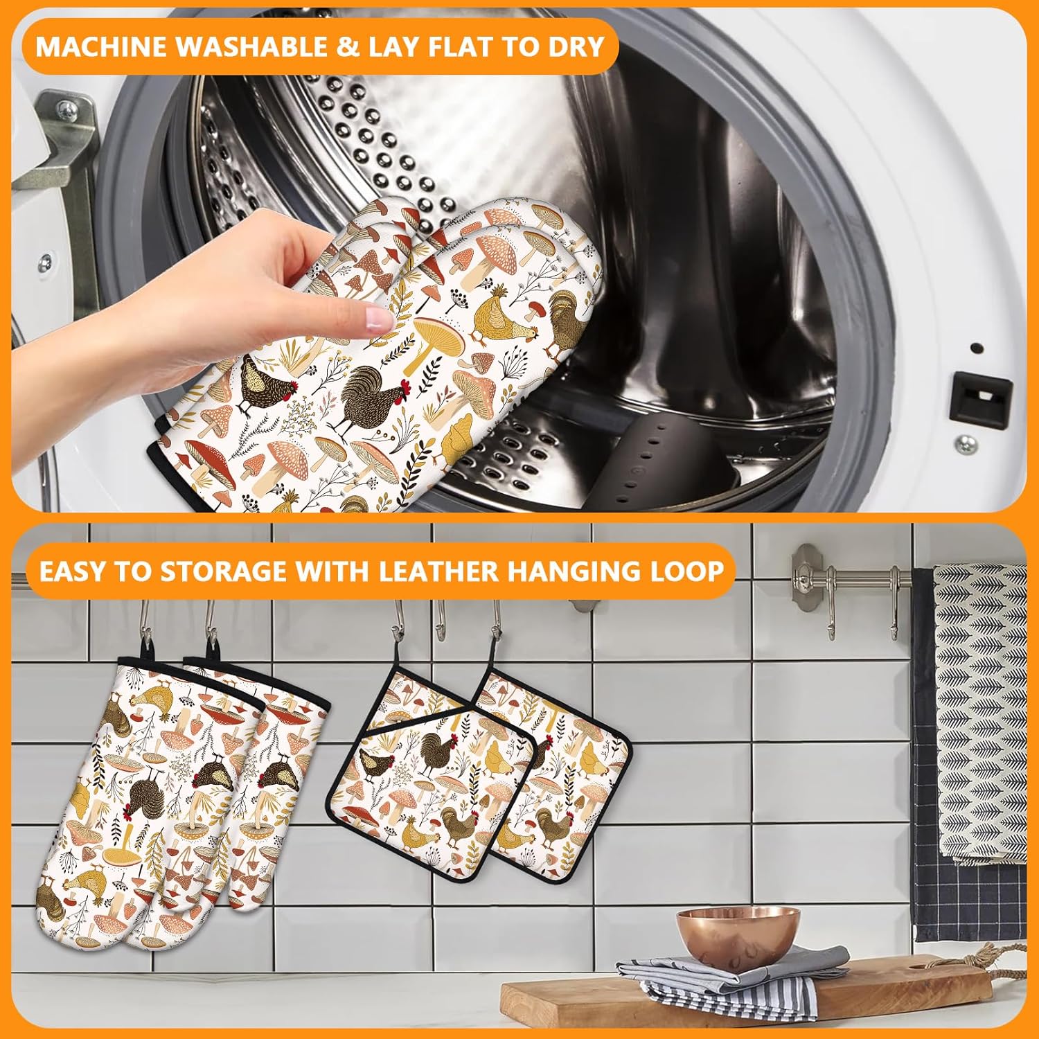 Rooster Oven Mitts and Pot Holders Sets 4Pcs,Extra Long Oven Gloves Potholder for Kitchen Cooking Baking BBQ 100% Cotton Heat Resistant