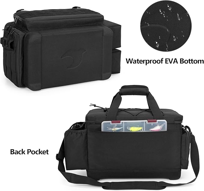 Waterproof Fishing Tackle Bag with Waterproof EVA Bottom (No Tackle Boxes in Package), Soft Tackle Box Storage Bag with Rod Holder, Pliers Storage for Fishing