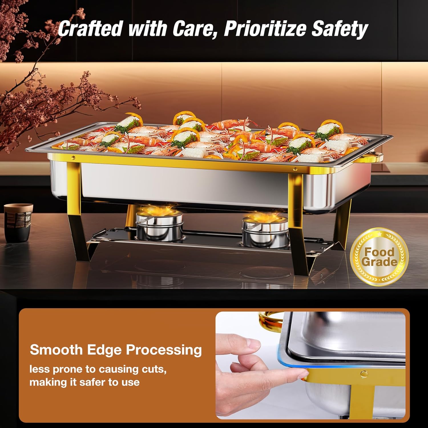 Gold Chafing Dishes for Buffet (9QT, 4 Pack) - Easy Assembly, Food-Grade Stainless Steel Chafers for Catering w/Rolled Edge Design, Foldable Frame, for Party, Banquet (Full Size Food Pan)