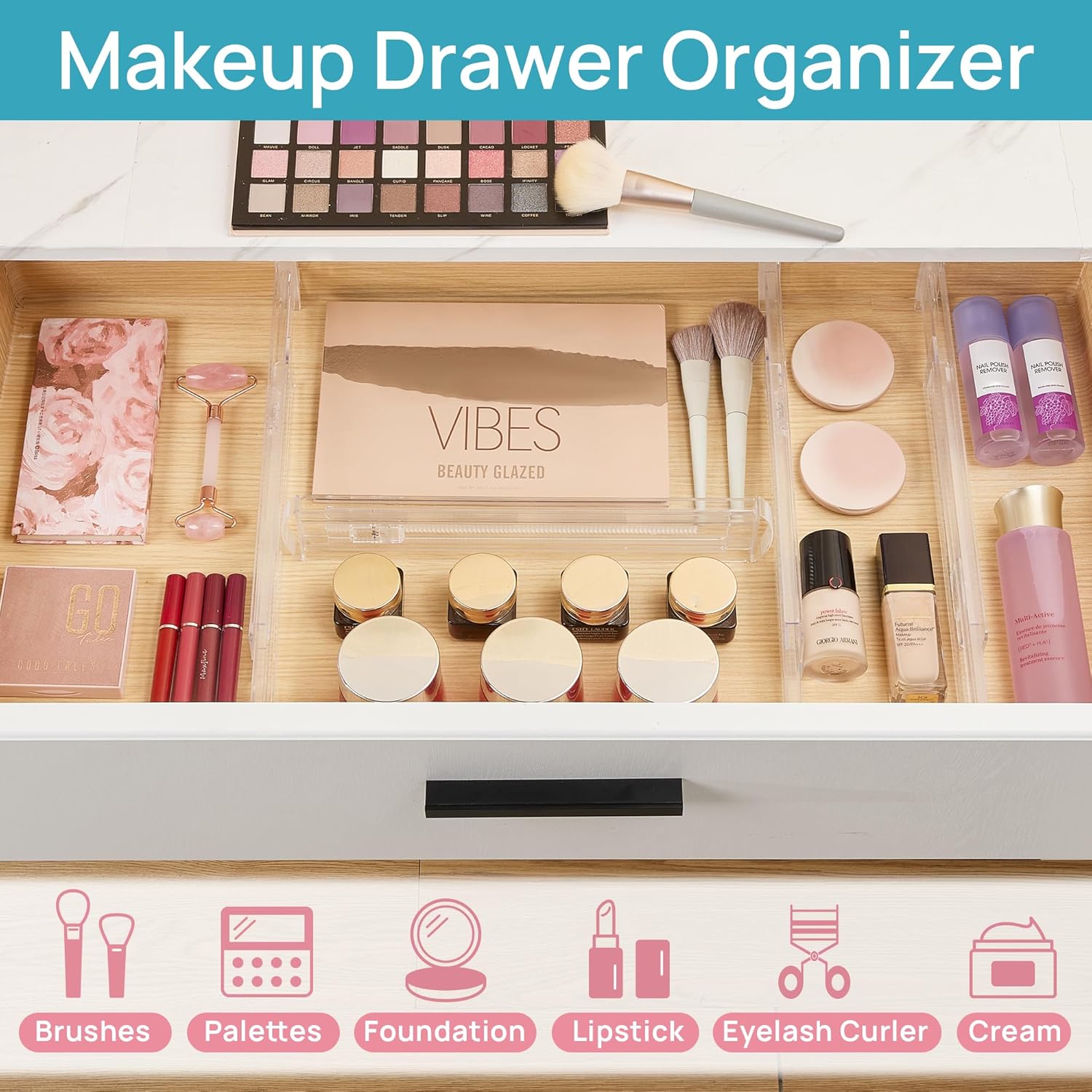 Vtopmart 8 Pack Shallow Drawer Dividers, 2.36" High 12.67"-21.14" Adjustable Expandable Kitchen Drawer Organizer, Clear Plastic Organizer Separators for Flatware, Utensil, Cutlery, Underwear, Clothes