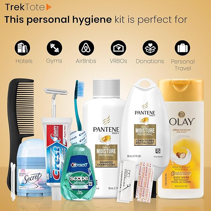 Trektote Travel Toiletry Kit For Women – 15 Piece Set of Travel Size Toiletries, TSA Compliant, Includes Pantene Shampoo And Conditioner, Olay Body Wash, Reusable Toiletry Bag & More