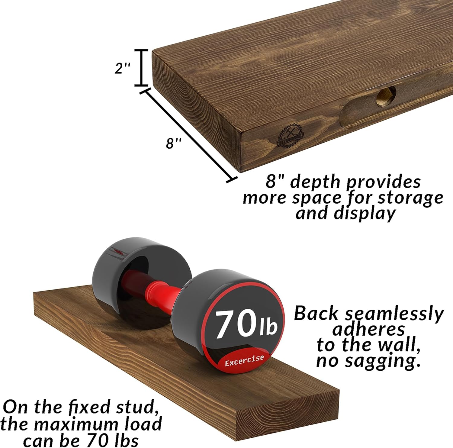 Rustic Floating Shelves 72 inch Long 8 "deep Set of 2, Heavy Duty Wood Wall Mounted Shelves for Bathroom Living Room Kitchen,Book Shelves with Thickened Hidden Bracket- Walnut