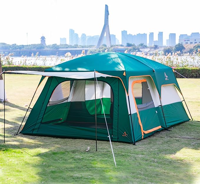 KTT Extra Large Tent 10-12-14 Person(A),Family Cabin Tents,2 Rooms,3 Doors and 3 Windows with Mesh,Straight Wall,Waterproof,Double Layer,Big Tent for Outdoor,Picnic,Camping,Family Gathering