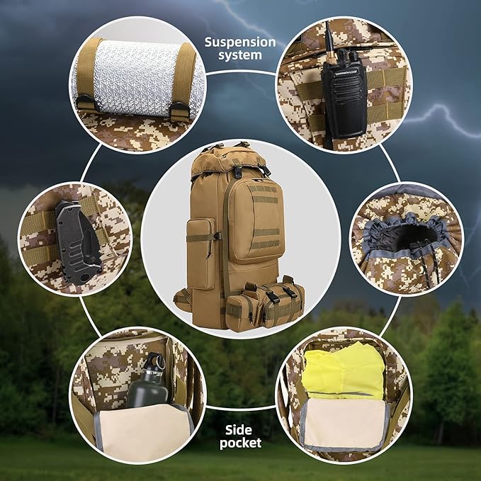100L Camping Hiking Backpack,Molle military Tactical rucksack backpack,Waterproof Lightweight Hiking Backpack (Khaki-C)