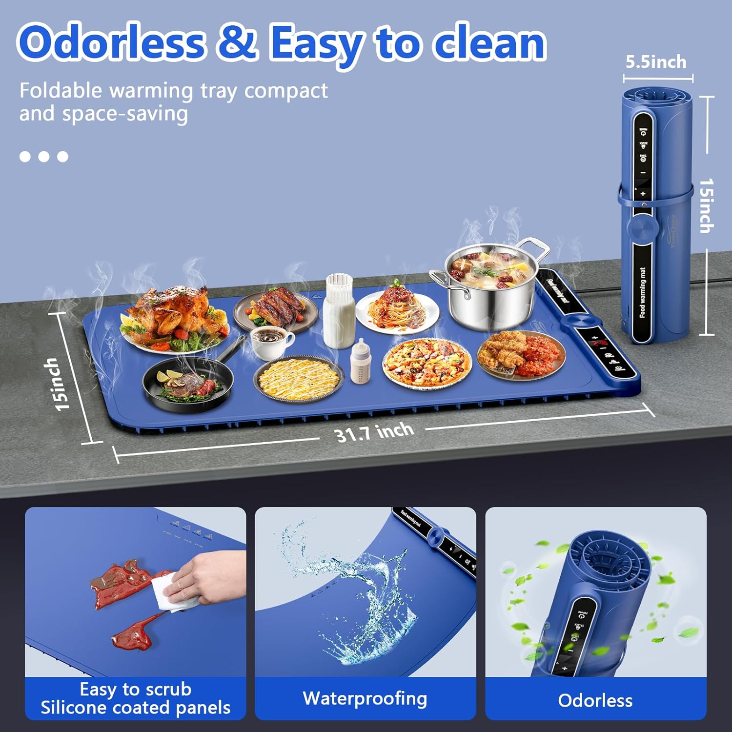 Warming Mat for Food Extra Large - Food Warming Mat, 31.7"x15" Heating Mat for Food with 9 Temperature Settings and 6H Timer, Full Surface Heating Warming Tray for Parties Daily Use(Blue)