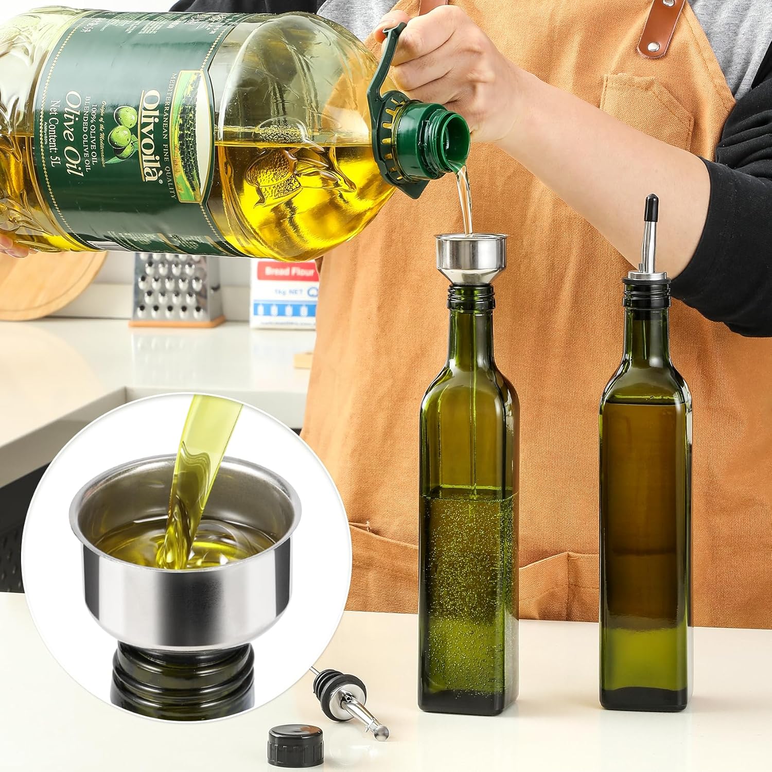 AOZITA 17oz Glass Olive Oil Bottle Dispenser - 500ml Green Oil and Vinegar Cruet with Pourers and Funnel - Olive Oil Carafe Decanter for Kitchen