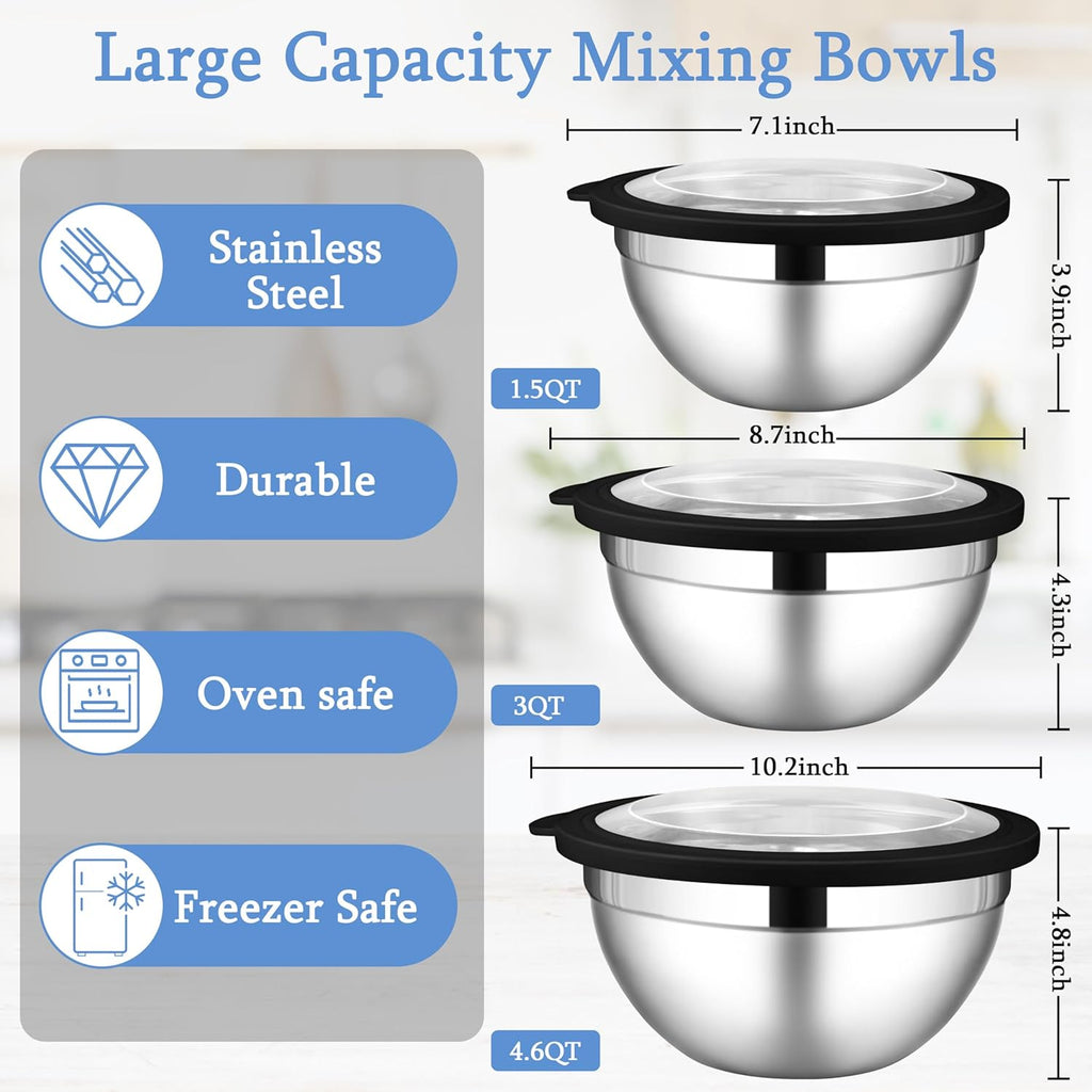 LIANYU Mixing Bowls Sets of 3, Stainless Steel Metal Nesting Mixing Bowl Sets for Kitchen, Large and Small Size 4.6 & 3 & 1.5QT, Include Transparent & Airtight Lids, Dishwasher & Freezer Safe, Black