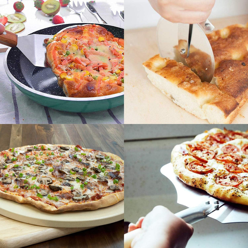 Onlyfire Round Pizza Stone Set for Oven and Grill, Pizza Grilling Tool Kit Including Baking Stone, Pizza Peel, Pizza Shovel and Cutter, Ideal for Baking Crisp Crust Pizza, Bread and More