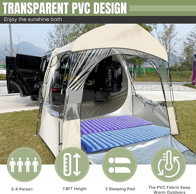 Auveach SUV Tent for Camping for 3-4 Person, 6.8 FT Clear PVC Bubble Car Tent with 9.5mm Thick Poles, SUV Tailgate Tent with Waterproof PU4000mm and Anti-UV Coating for Camping Fishing Activities