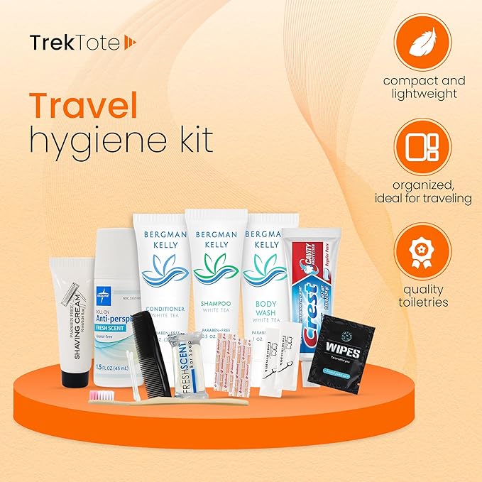 Trektote Travel Toiletry Kit For Men And Women – 15 Piece Set of Travel Size Toiletries, TSA Compliant, Includes Shampoo And Conditioner, Body Wash, Oral Care, Reusable Toiletry Bag & More