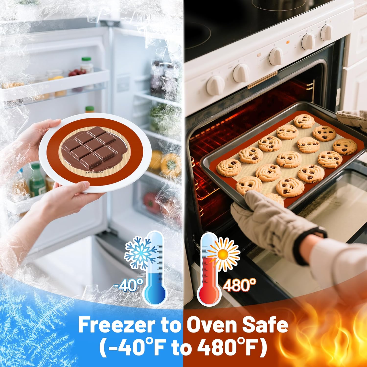 Silicone Baking Mat Set of 5, Grade Food Non-Stick Reusable Baking Mat, Slip Oven Liner Sheet, Round & Square Cake Pan Mat & Silicone Brush for Macaron, Pastry, Cookie