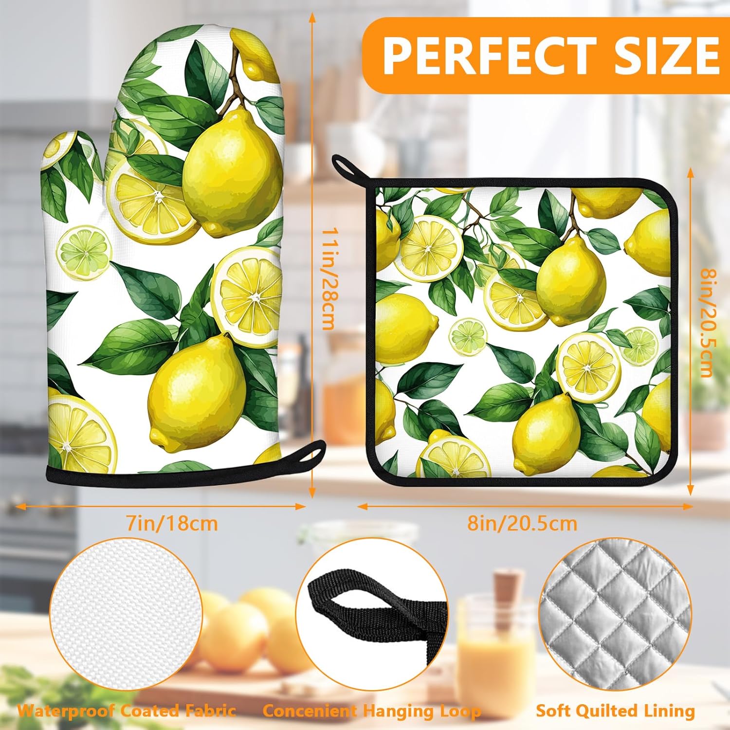 Lemon Oven Mitts and Pot Holders Sets 4Pcs,Extra Long Oven Gloves Potholder for Kitchen Cooking Baking BBQ 100% Cotton Heat Resistant