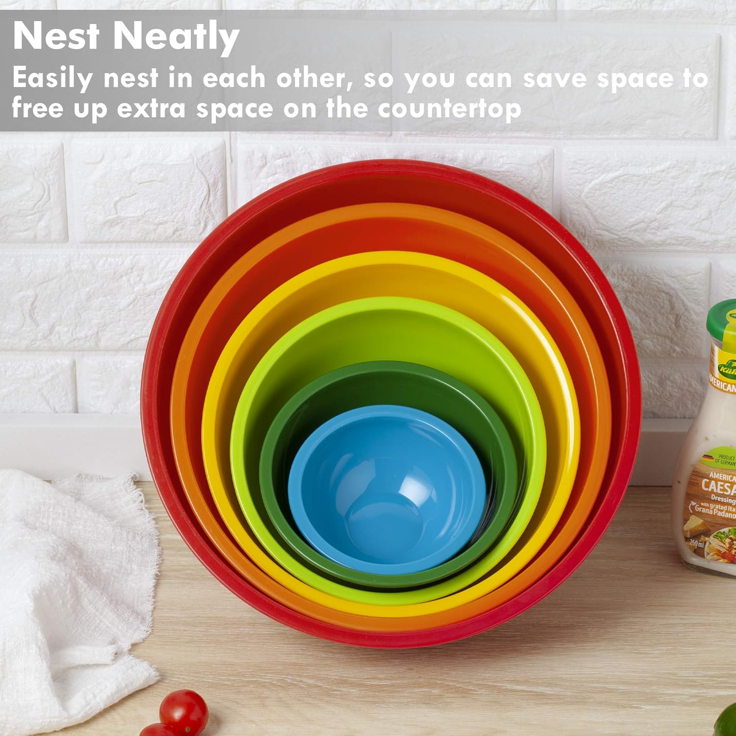 YIHONG 6 Piece Plastic Mixing Bowls Set, Colorful Serving Bowl for Kitchen, Ideal for Baking, Prepping and Cooking,Nesting Design for Space Saving Storage, Rainbow