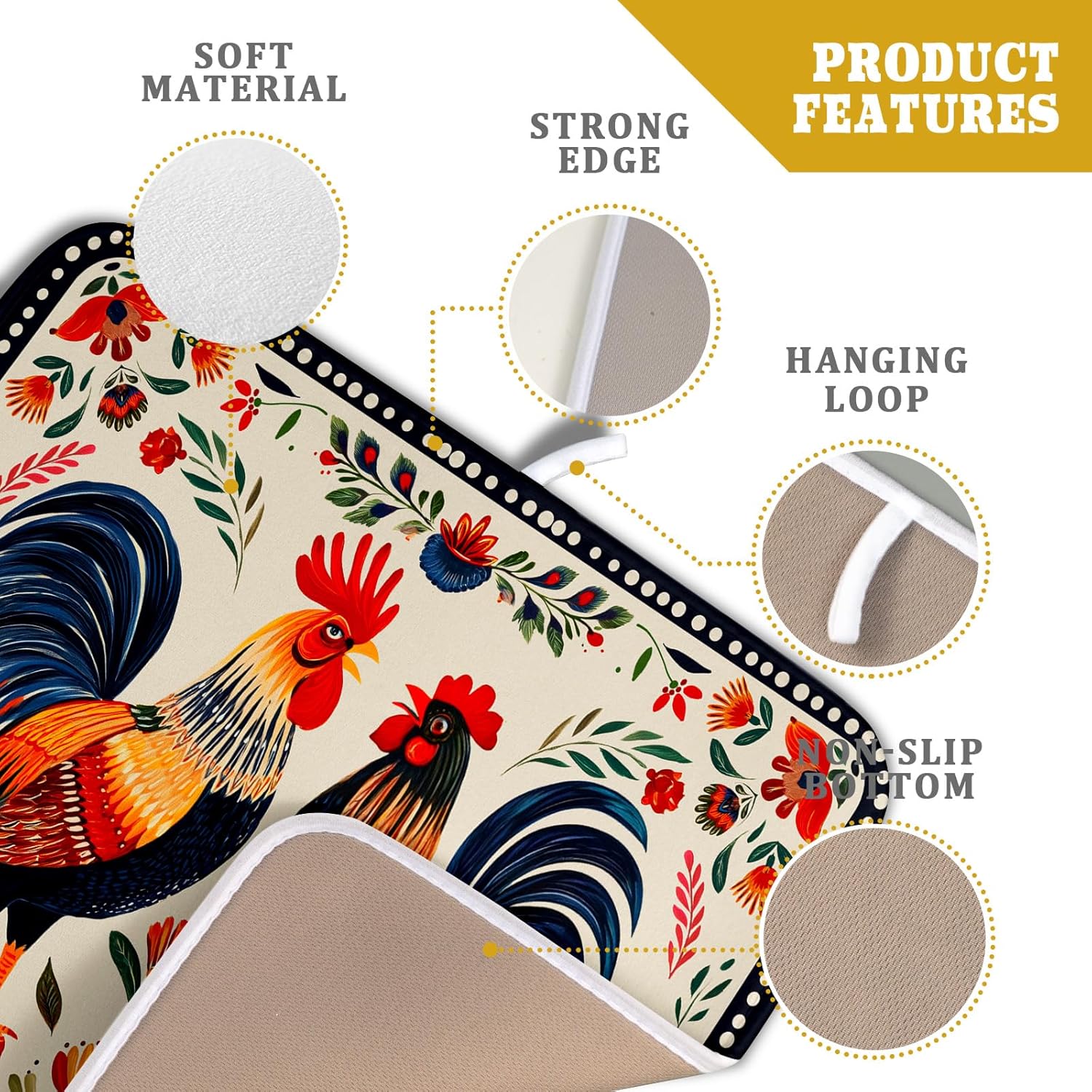 Roosters Chicken Dish Drying Mat for Kitchen Counter Absorbent Microfiber Drying Pad 16 x18 In