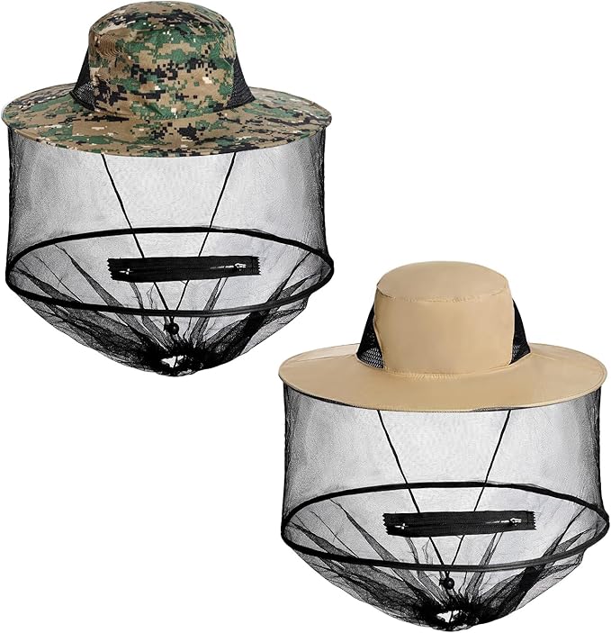 Sucrain 2 Pack Mosquito Head Net Hat Sun Hat Garden Bug Hat with Hidden Net Mesh for Outdoor Gardening Beekeeping