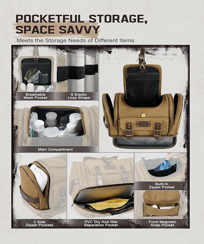 ARCFOX Travel Hanging Toiletry Bag for Men, Vintage Canvas Large Toiletry Bag with 7 Compartments, Camping Gym Travel Toiletry Kit Organizer with PVC Wet & Dry Pockets, Personalized Wash Bag, Brown