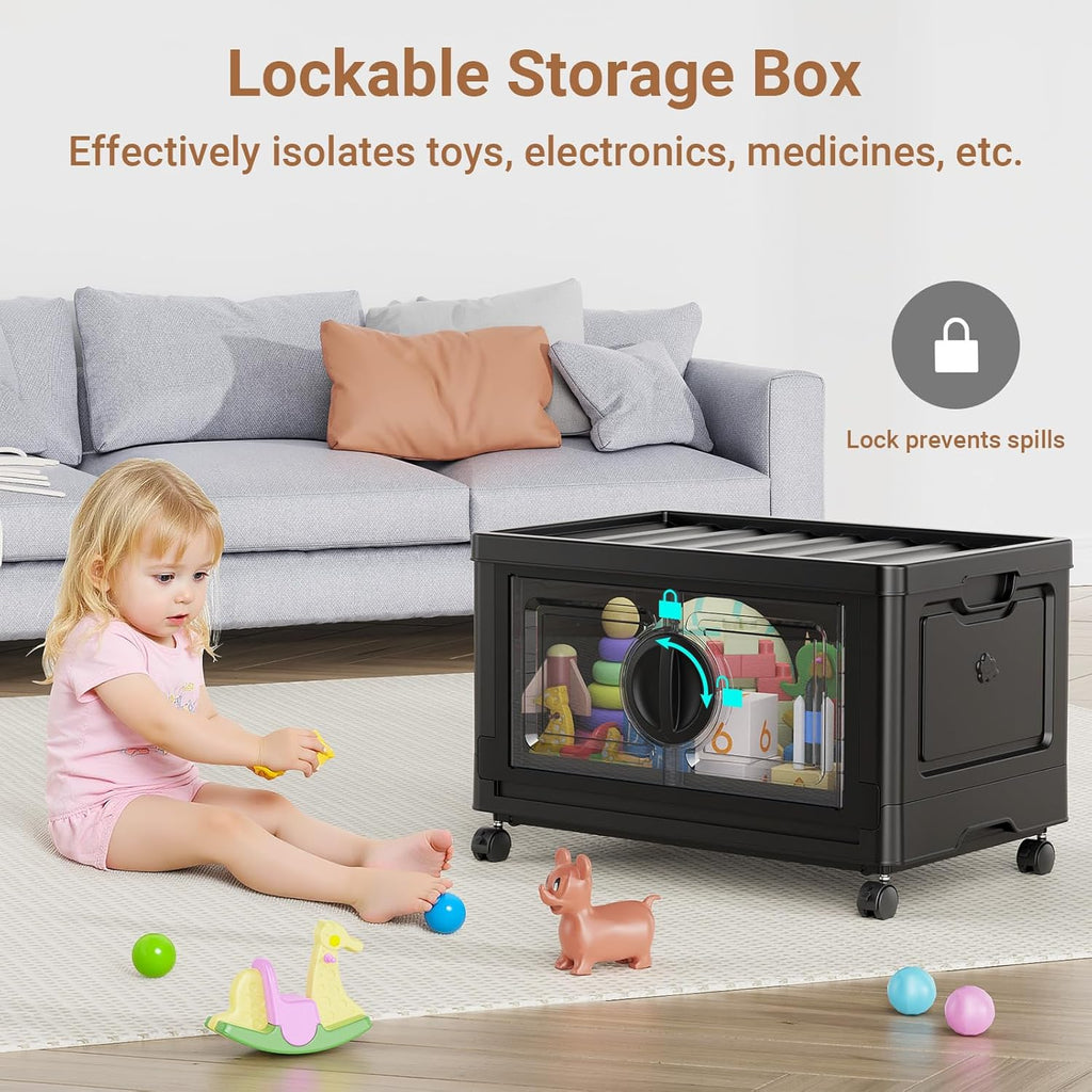 480Qt Lockable Stackable Storage Bins with Lids, Closet Organizers and Storage Drawer, Collapsible Storage Bin with Wheels, Plastic Cabinet for Toy Clothes Dorm Organizer, V9 4 Pack Black