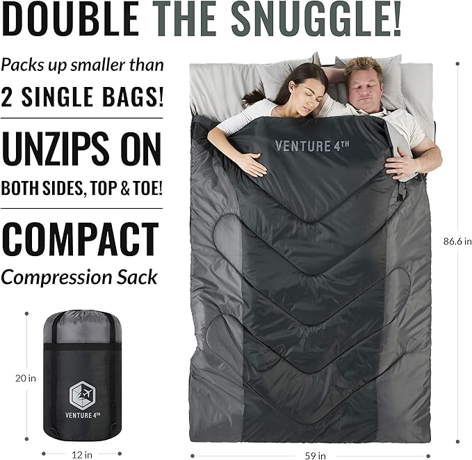 VENTURE 4TH Backpacking Sleeping Bag – XXL, Double and Single Sizes - Lightweight Warm & Cold Weather Sleeping Bags for Adults, Kids & Couples – Ideal for Hiking, Camping & Outdoor Adventures