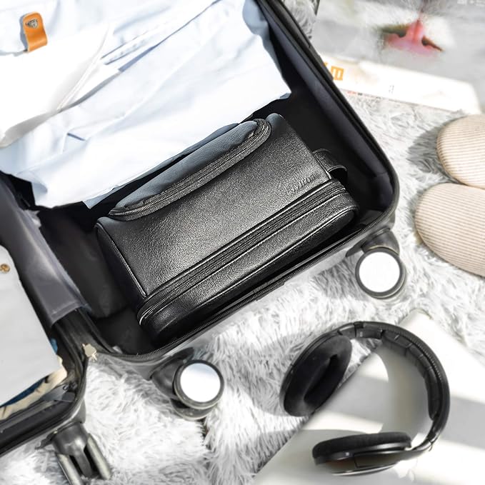 Elviros Toiletry Bag for Mens PU Leather Travel Organizer Kit with Hanging hook, Large Water-resistant Toiletries Bathroom Shaving Bags (Black)