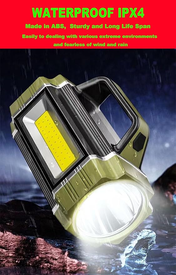 Rechargeable Solar LED Spotlight, Super Bright 13000LM Handheld LED Searchlight, Multi Function Camping Lantern Flashlight, 6 Light Modes, Power Bank, IPX4 Waterproof, for Emergency, Hiking, Home