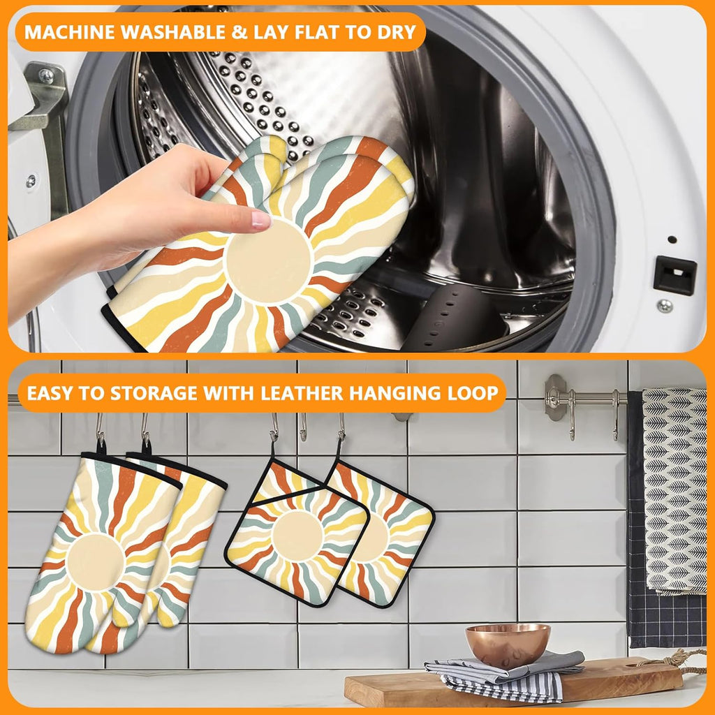Boho Sun Oven Mitts and Pot Holders Sets 4Pcs,Extra Long Oven Gloves Potholder for Kitchen Cooking Baking BBQ 100% Cotton Heat Resistant