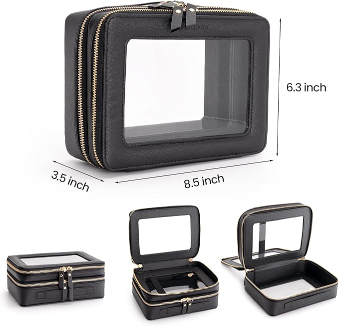 Aveniee Clear Makeup Bags, Double Layer Cosmetic Bags with Separate Brush Compartment, Large Travel Toiletry Bag Cosmetic Case, Travel Accessories Organizer for Women(2 Layers, Black)