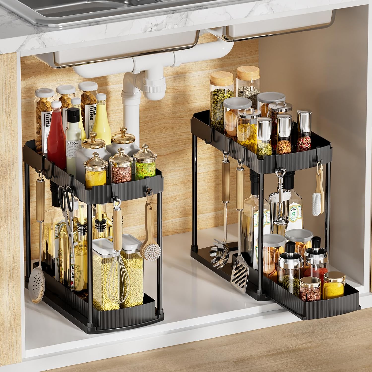 2 Pack Under Sink Organizer, Multi-Purpose Pull Out Cabinet Organizer and Storage for Bathroom & Kitchen, 2 Tier Sliding Cabinet Organizer Drawer