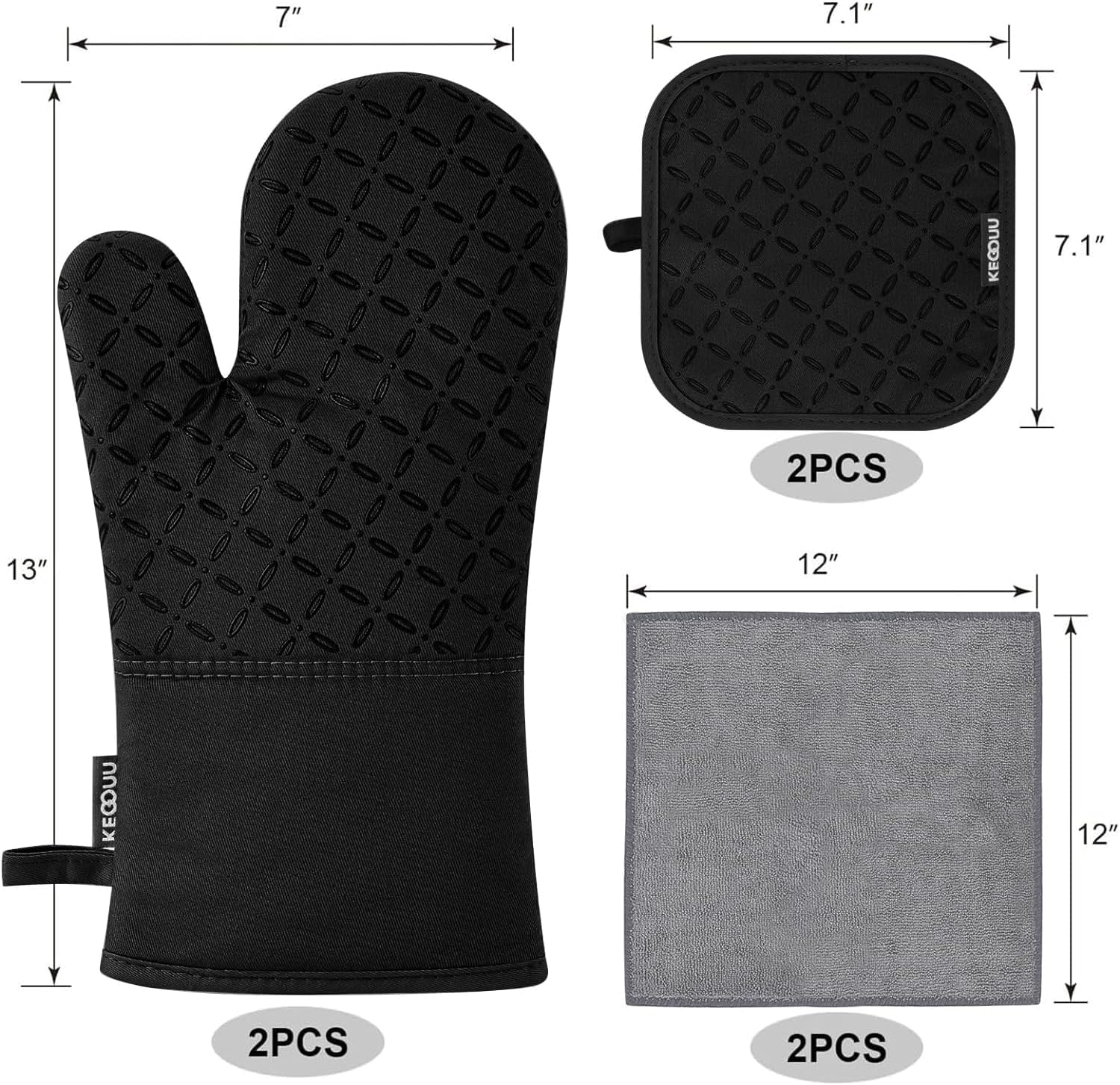 KEGOUU Oven Mitts and Pot Holders 6pcs Set, Kitchen Oven Glove High Heat Resistant 500 Degree Extra Long Oven Mitts and Potholder with Non-Slip Silicone Surface for Cooking (Black)