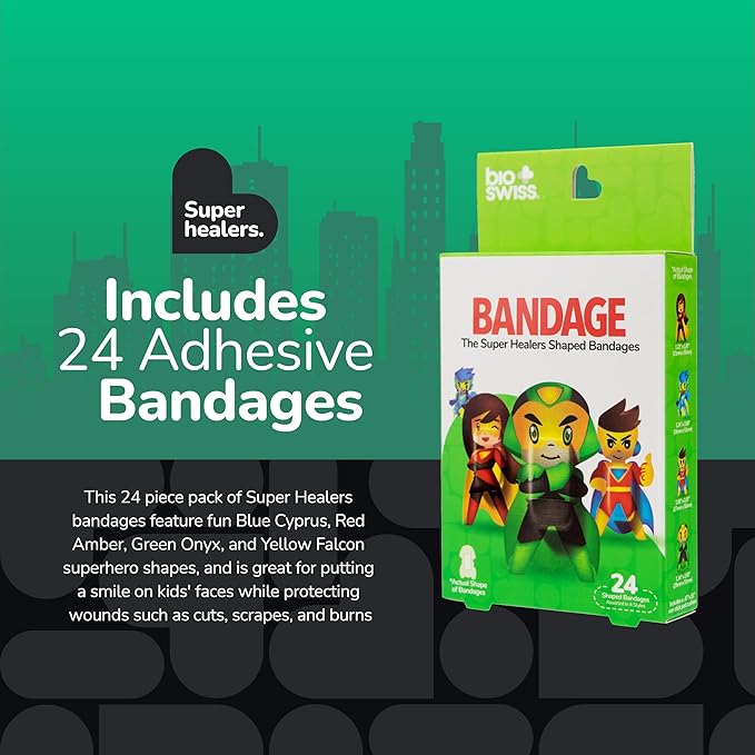 BioSwiss Bandages, Super Healers Superhero Shaped Self Adhesive Bandage, Latex Free Sterile Wound Care, Fun First Aid Kit Supplies for Kids and Adults, 24 Count