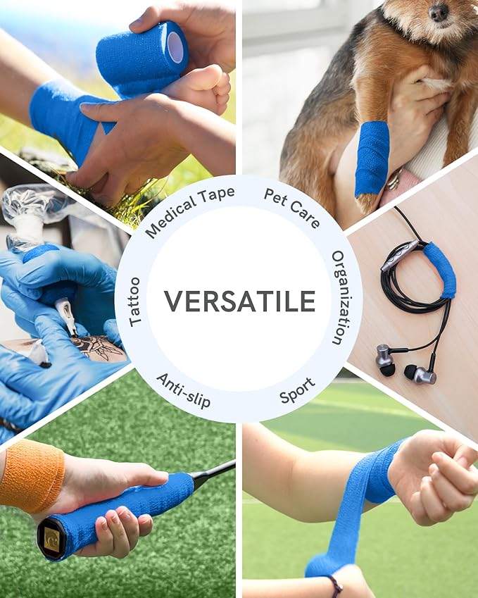 FriCARE Self Adhesive Bandage Wrap, Medical Tape in First Aid Kit, Cohesive Bandages for Wounds Sport Vet, FSA/HSA Eligible, 2 Inches X 5 Yards 6 Rolls, Blue