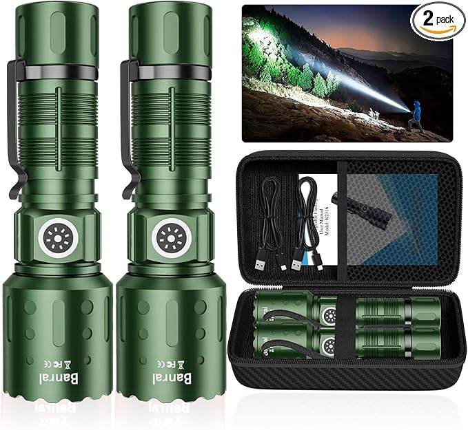 Flashlights High Lumens Rechargeable, 20,000 Lumens Super Bright 1500 Meters Long Range Small Powerful Flashlight, 6 Modes LED Tactical Pocket Waterproof Flash Light for Home Emergency (2, Green)