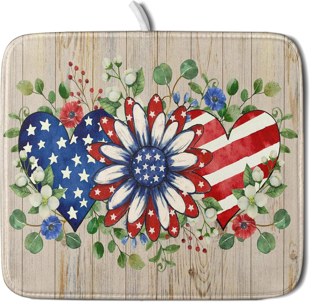 Independence Day Dish Drying Mat 16x18 inch Patriotic Love Heart Fast Dry Microfiber Dishes Drainer Rack Pad Kitchen Counter Accessories