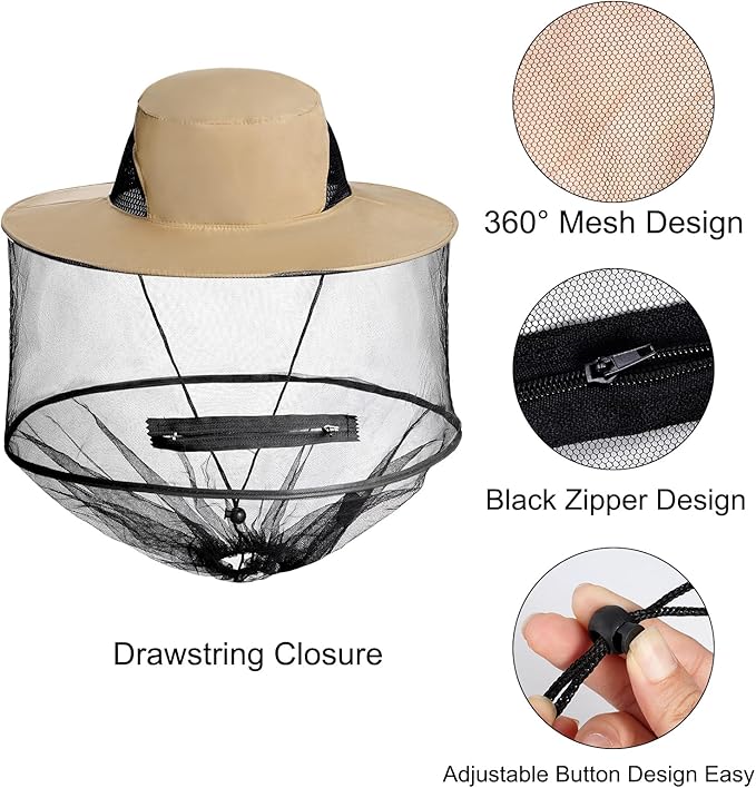 Sucrain 2 Pack Mosquito Head Net Hat Sun Hat Garden Bug Hat with Hidden Net Mesh for Outdoor Gardening Beekeeping