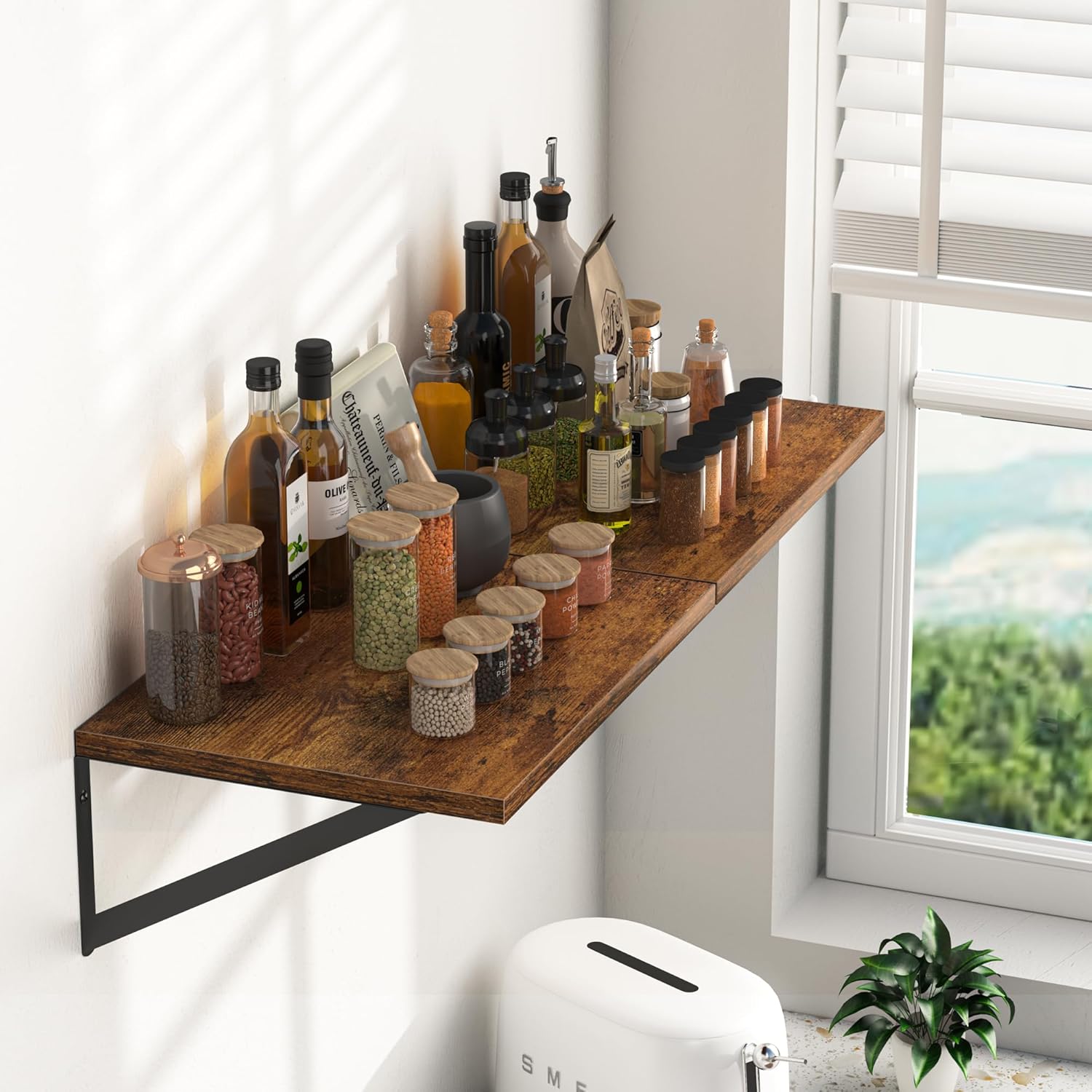 Heimlove Deep Floating Shelves for Wall, 16W x 12D Wood Wall Shelves Set of 2, Wide Floating Bookshelf for Living Room, Kitchen, Office, Bedroom and Decor Storage, with Metal Bracket - Rustic Brown