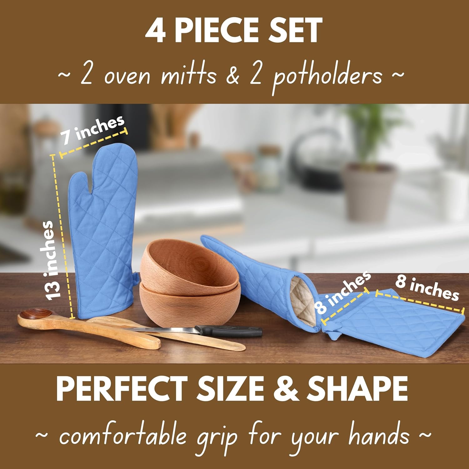 Native Fab Pot Holders and Oven Mitts Sets for Kitchen Heat Resistant - Hanging Non-Slip - 100% Cotton Kitchen Oven Mitts and Pot Holders 4-Piece Set - Blue