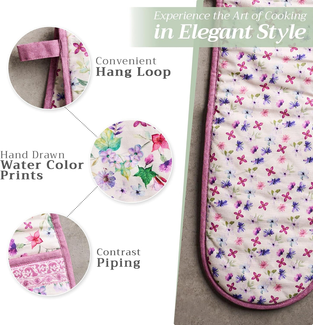 Maison d' Hermine Double Oven Mitts 100% Cotton 7"x35" Double Oven Mitt Heat Resistant BBQ Cooking Gloves with Loop, Baking, Grilling, Home, Kitchen, Handling Hot Pans Spring Summer (Chardon)