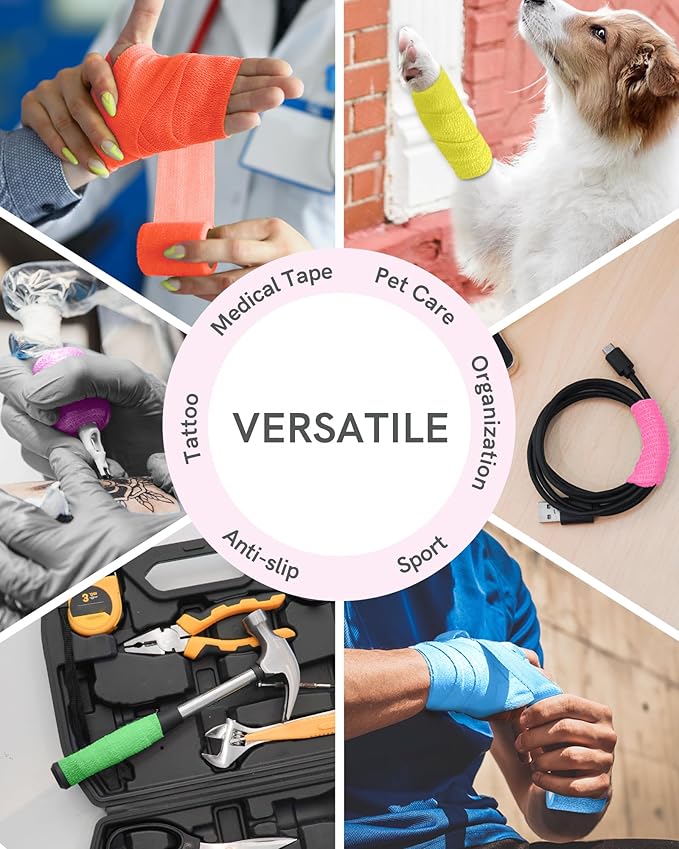 FriCARE Self Adhesive Bandage Wrap, Medical Tape in First Aid Kit, Cohesive Bandages for Wounds Sport Vet, FSA/HSA Eligible, 2 Inches X 5 Yards 6 Rolls, Fluorescent Color