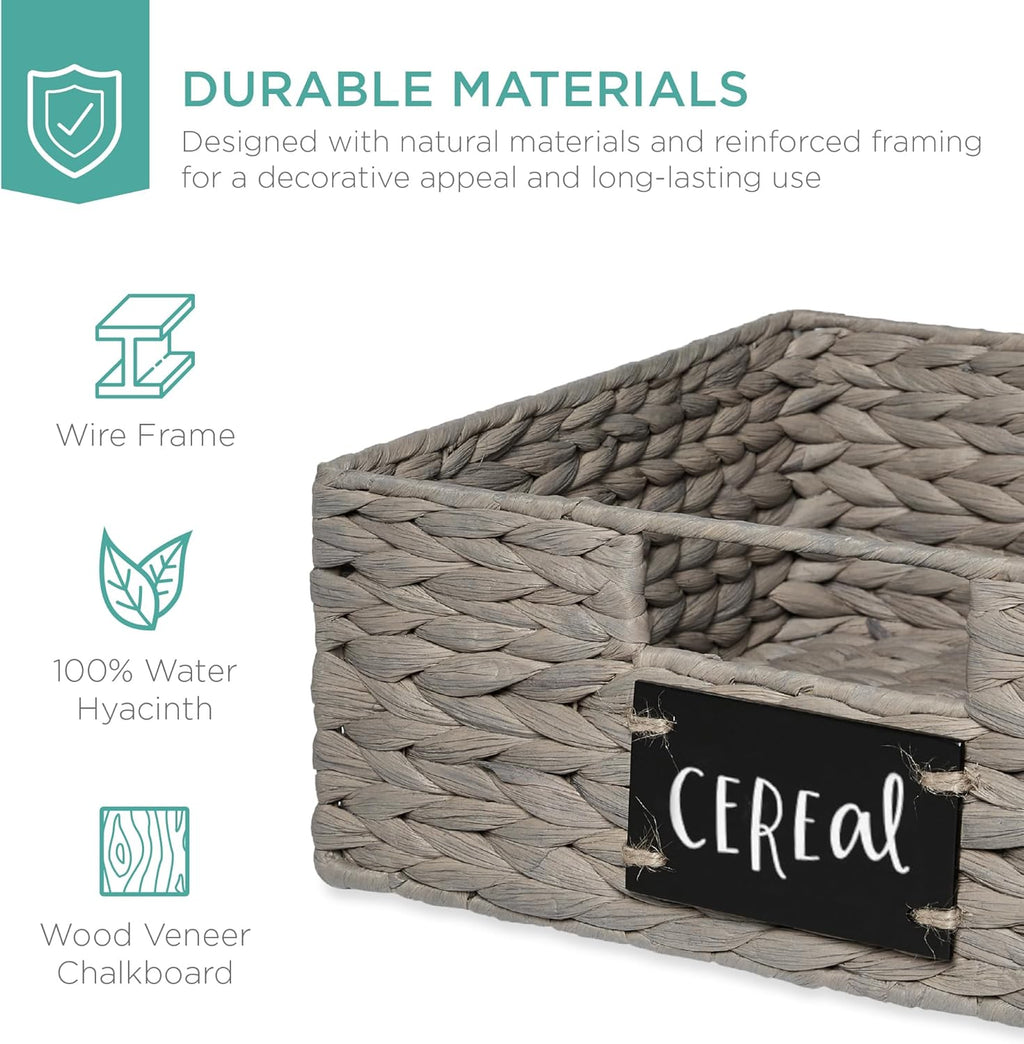 Best Choice Products Set of 4 13x12in Water Hyacinth Pantry Baskets, Woven Organizers w/Chalkboard Label, Chalk Marker - Gray