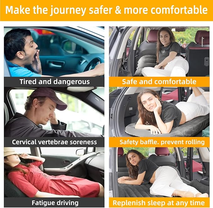 KMZ SUV Air Mattress Thickened and Double-Sided Flocking Travel Camping Bed with 2 Pillows & Electric Pump Dedicated Mobile Cushion Inflatable Bed for SUV Trunk and Rear Seat (Dark Gray)