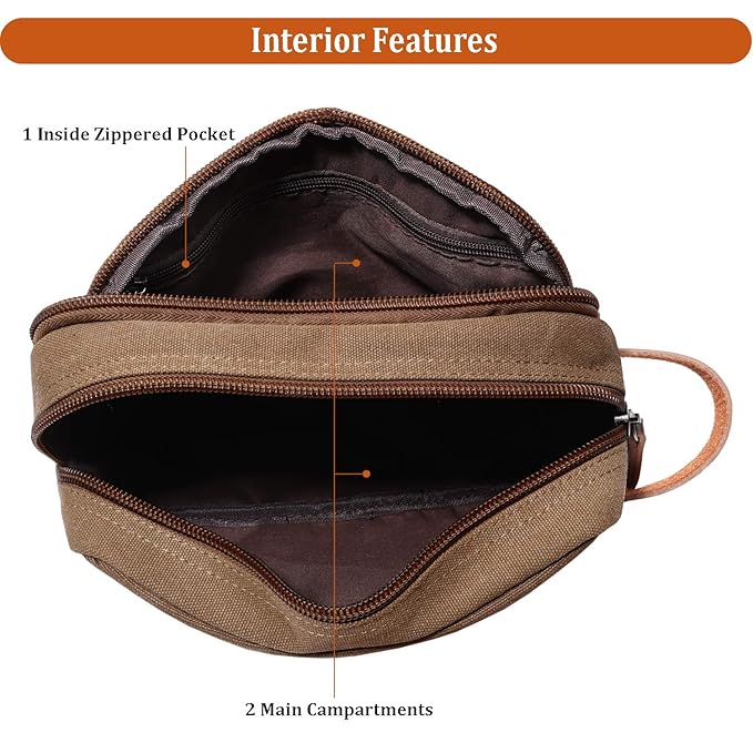 Mactso Mens Travel Toiletry Bag Canvas Leather Cosmetic Makeup Organizer Shaving Dopp Kits with Double Compartments (Coffee)