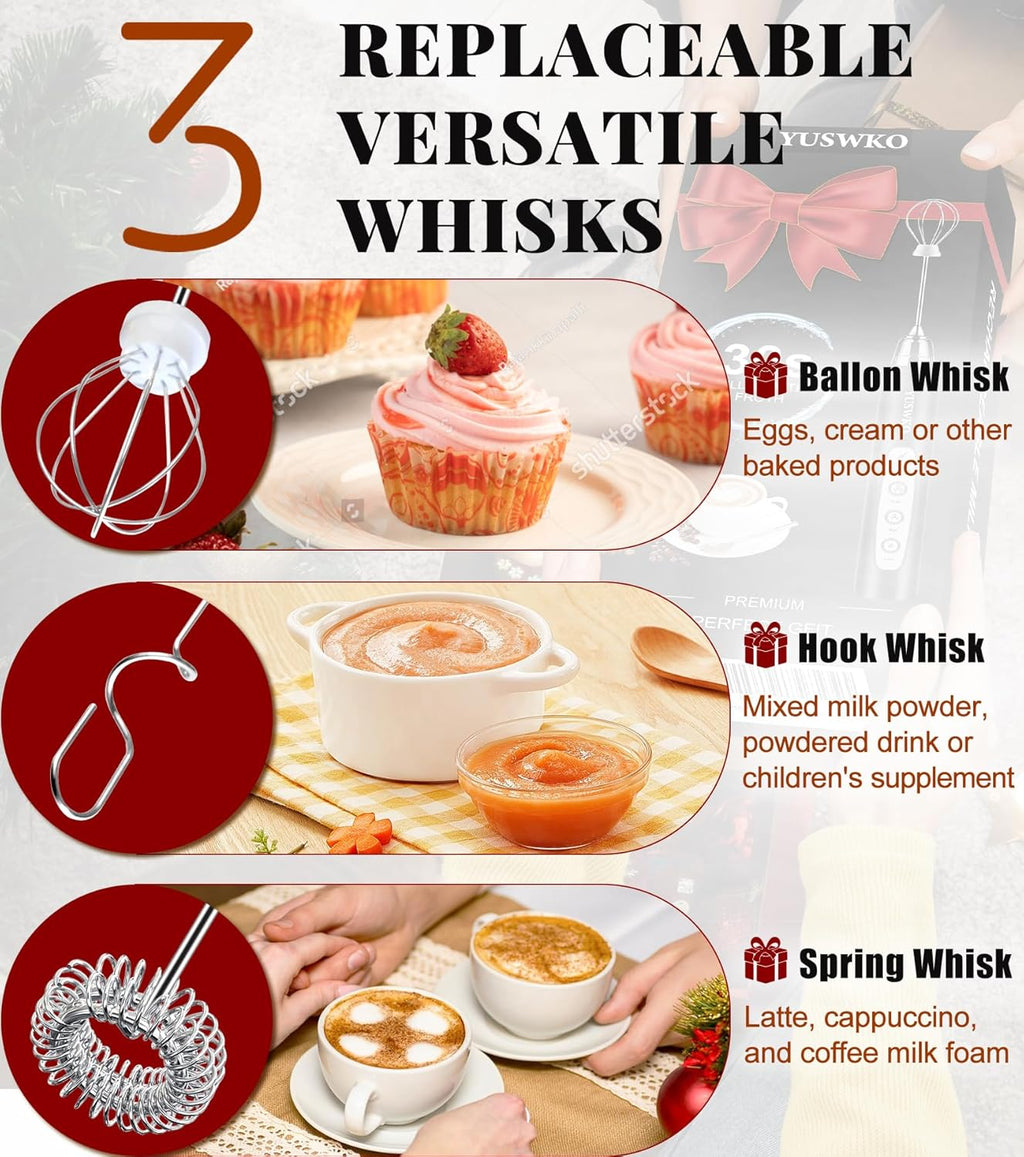 YUSWKO Milk Frother Handheld for Coffee with Stand, Rechargeable Drink Mixer with 3 Heads 3 Speeds Electric Coffee Frother Whisk, Gift for Many Occasions and Festival