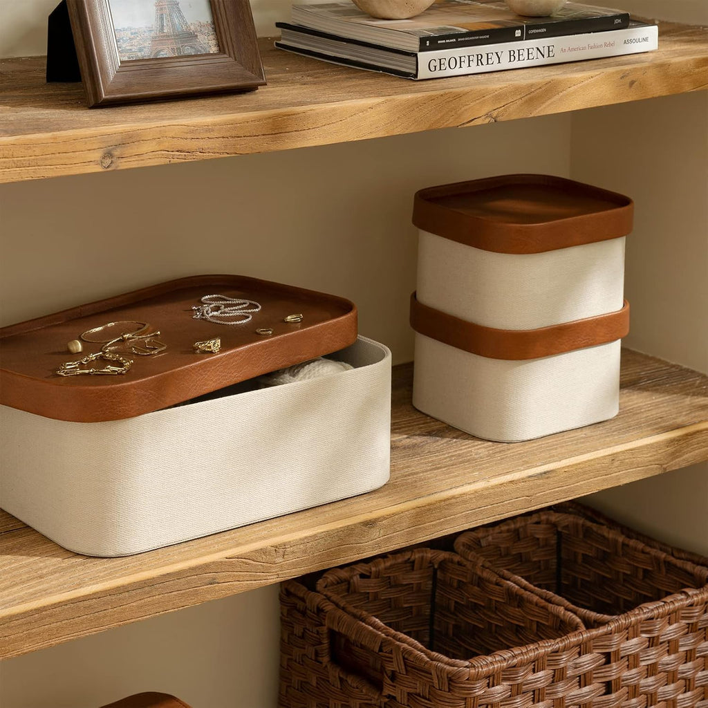 Beige Decorative Storage Boxes With Lids, Storage Baskets with Leather-Like Lids, Sturdy Stackable Paper Boxes Decorative Tray, Modern Basket Organizer Bins for Jewelry Shelve Bathroom Bedroom
