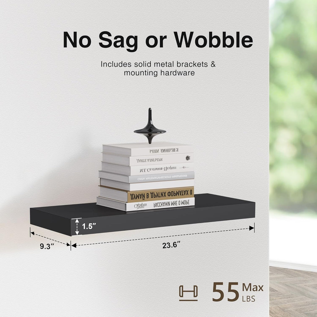 Colima Floating Shelves for Wall Black Wood Wall Shelf for Bedroom, 24 Inch Wall Mounted Floating Shelves for Bathroom Living Room Kitchen Office, 1.3" Thick Floating Book Shelves for Wall, Set of 3