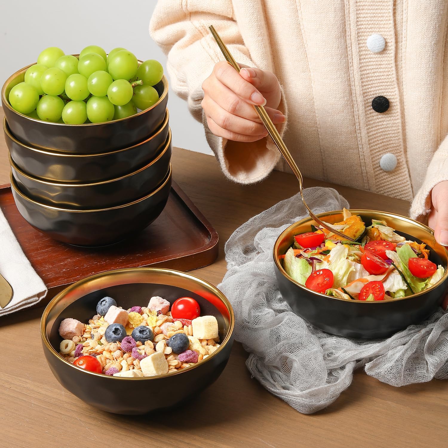 vicrays Ceramic Salad Bowls Set for Kitchen, Serving - 24 Ounce Soup Bowls, Pasta Bowls, Chip Resistant, Dishwasher Safe, NOT Microwave Safe, Fluted, Stoneware, Set of 6 (Black with Golden)