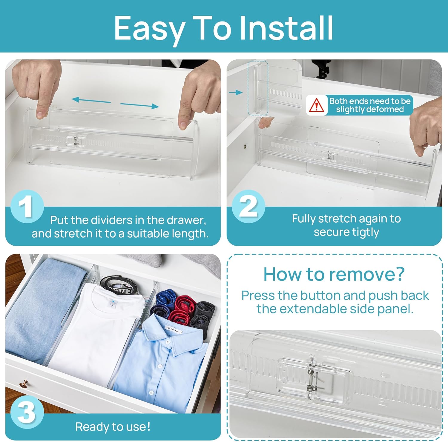 Vtopmart 14 Pack Drawer Dividers for Clothes, 4" High 10.2"-16.6" Adjustable Expandable Dresser Drawer Organizer, Clear Plastic Separators for Dresser, Baby Clothing, Underwear, Cosmetic, Toiletries