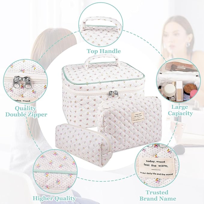 Floral Quilted Makeup Bag Set, 3 Sizes, Travel & Daily Use, Women's Cotton Cosmetic Bag