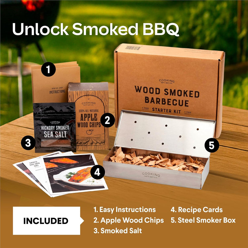BBQ Smoker Box Kit – Stainless Steel Smoker with Hinged Lid, Apple Wood Chips, Hickory Salt – Grilling Accessories and Grilling Gifts for Men – Great Birthday Gifts for Men Who Love to BBQ